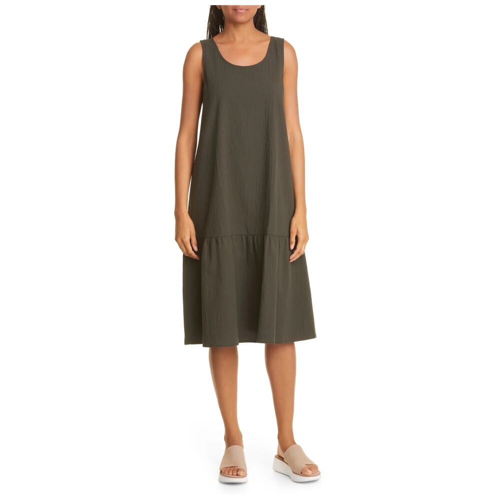 Eileen Fisher Pucker Stretch Organic Cotton Midi Dress Size Large